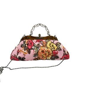Vintage Pink Hand Beaded Floral Bag Purse Art Deco Clasp Chain Strap Elegant EUC